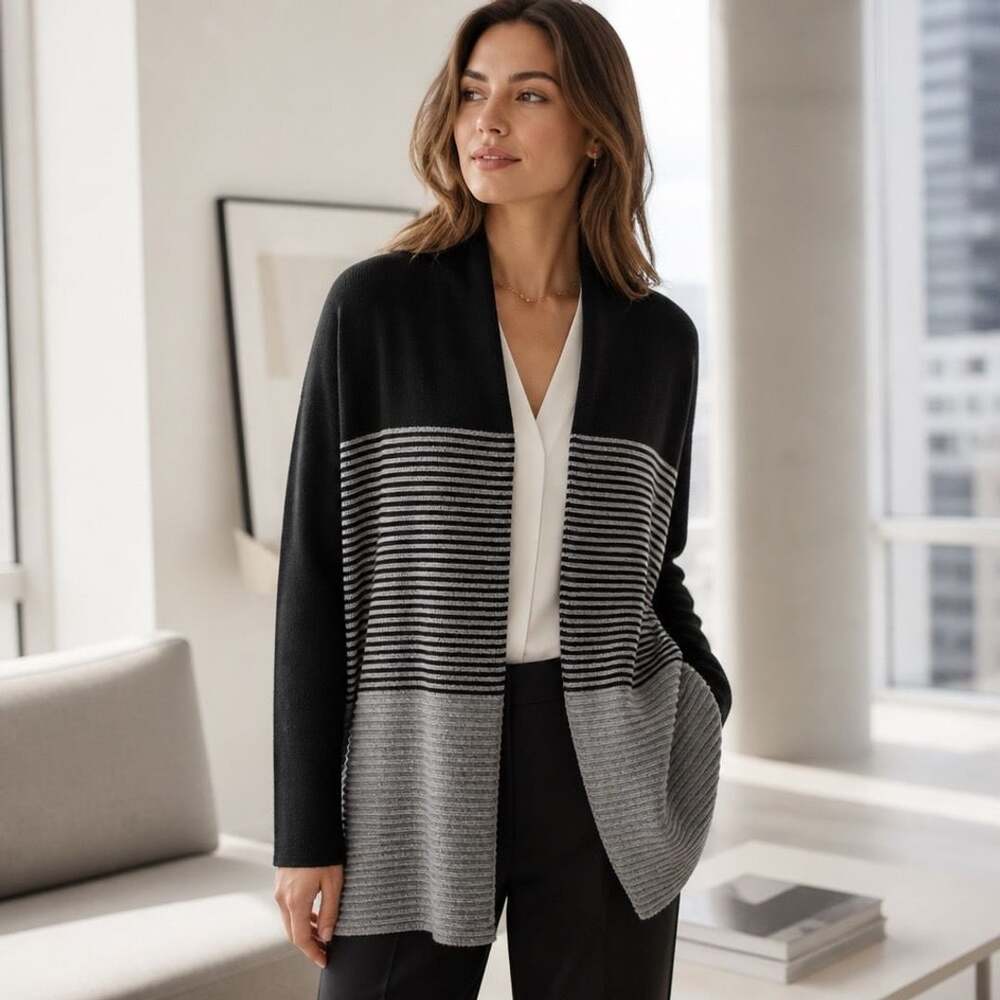 Elle Open Front Striped Cardigan Sweater Black Gray XL